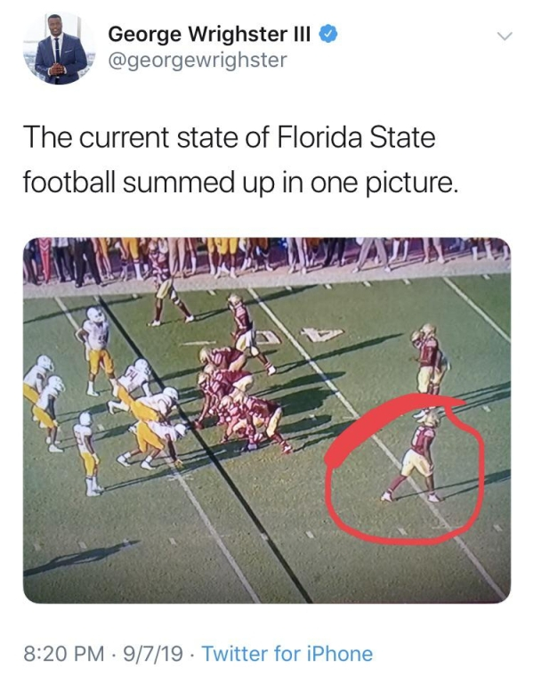 fail florida state lines up backwards - George Wrighster Iii The current state of Florida State football summed up in one picture. 9719 Twitter for iPhone