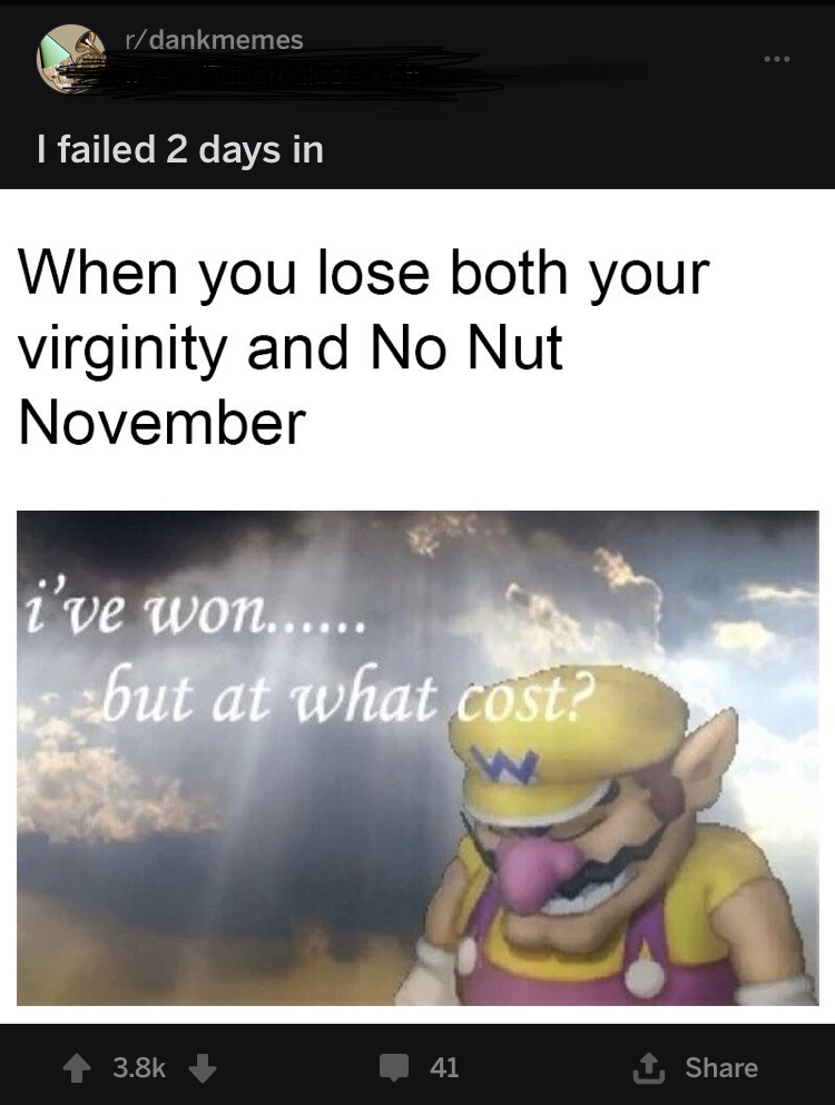 won but at what cost wario - rdankmemes I failed 2 days in When you lose both your virginity and No Nut November i've won...... but at what cost?