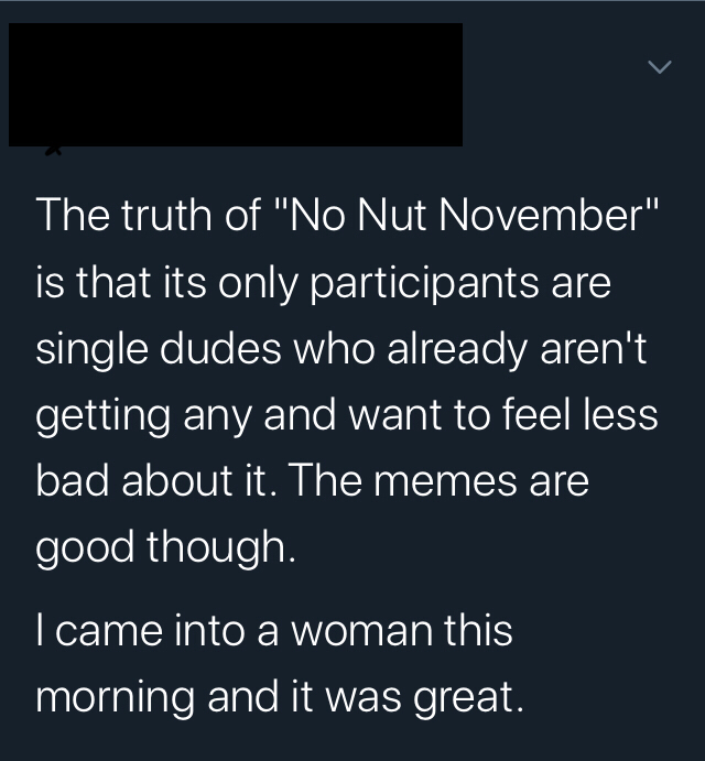 atmosphere - The truth of "No Nut November" is that its only participants are single dudes who already aren't getting any and want to feel less bad about it. The memes are good though. I came into a woman this morning and it was great.