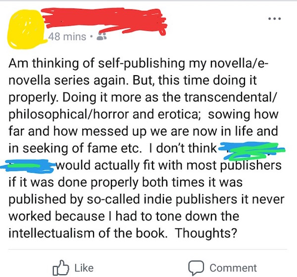 angle - 48 mins Am thinking of selfpublishing my novellae novella series again. But, this time doing it properly. Doing it more as the transcendental philosophicalhorror and erotica; sowing how far and how messed up we are now in life and in seeking of fa