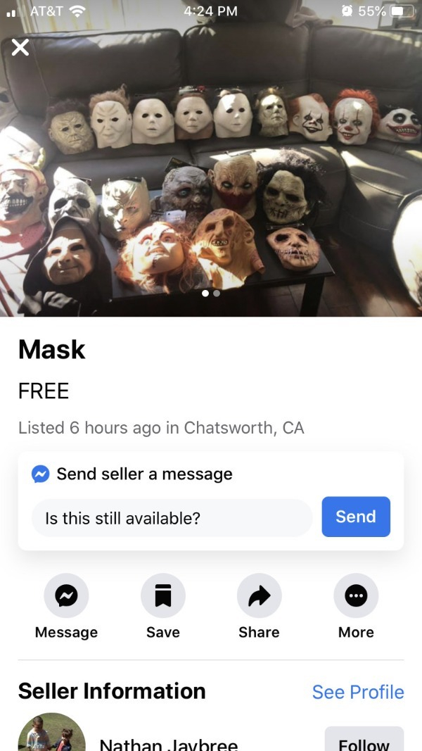 photo caption - .. At&T 55% Mask Free Listed 6 hours ago in Chatsworth, Ca Send seller a message Is this still available? Send Message Save More Seller Information See Profile Nathan Jayhree