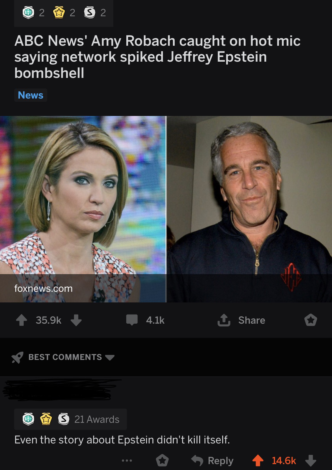 jeffrey epstein - 2 2 3 2 Abc News' Amy Robach caught on hot mic saying network spiked Jeffrey Epstein bombshell News foxnews.com 4 35.92 o Best $ 21 Awards Even the story about Epstein didn't kill itself.