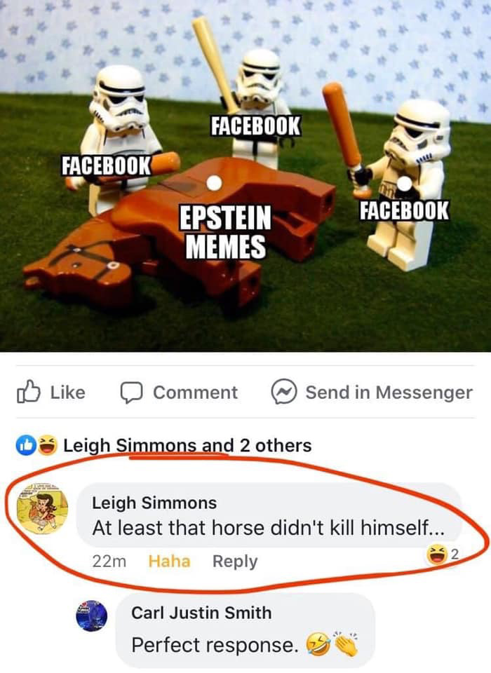 family guy beating a dead horse - Facebook Facebook Facebook Epstein Memes Comment Send in Messenger 0 Leigh Simmons and 2 others Leigh Simmons At least that horse didn't kill himself.. 22m Haha Carl Justin Smith Perfect response.