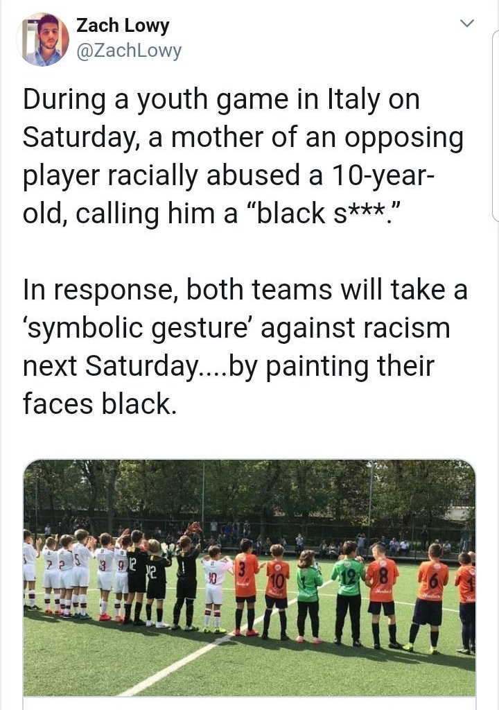 grass - Zach Lowy During a youth game in Italy on Saturday, a mother of an opposing player racially abused a 10year old, calling him a