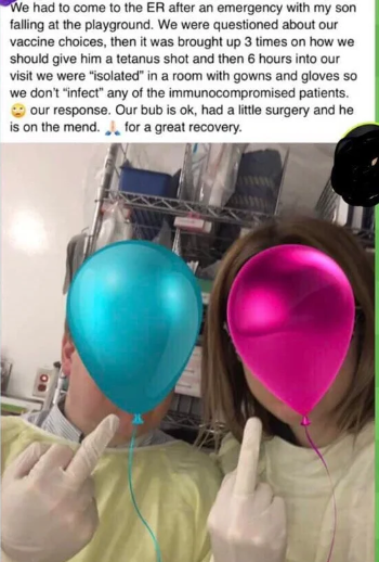 balloon - We had to come to the Er after an emergency with my son falling at the playground. We were questioned about our vaccine choices, then it was brought up 3 times on how we should give him a tetanus shot and then 6 hours into our visit we were "iso