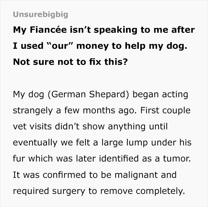 document - Unsurebigbig My Fiance isn't speaking to me after I used "our" money to help my dog. Not sure not to fix this? My dog German Shepard began acting strangely a few months ago. First couple vet visits didn't show anything until eventually we felt 