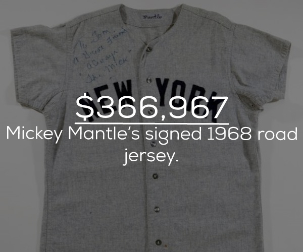 sleeve - ick h $366,967 Mickey Mantle's signed 1968 road jersey.