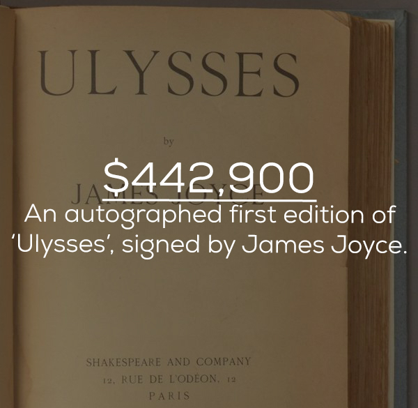 book - Ulysses $442,900 An autographed first edition of 'Ulysses', signed by James Joyce. Shakespeare And Company 12. Rue De L'Odeon 12 Paris