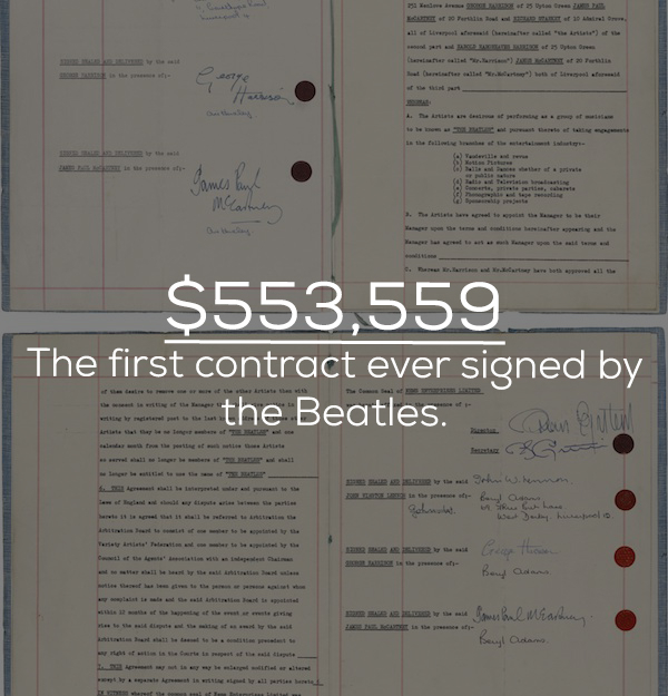 contract - games and McCartney $553,559 The first contract ever signed by the Beatles. Quin 20 ohnhat. Rus but have. West Dorty, hanepoolis. a Sowerbal Meathing Beryl Adams, Sweet