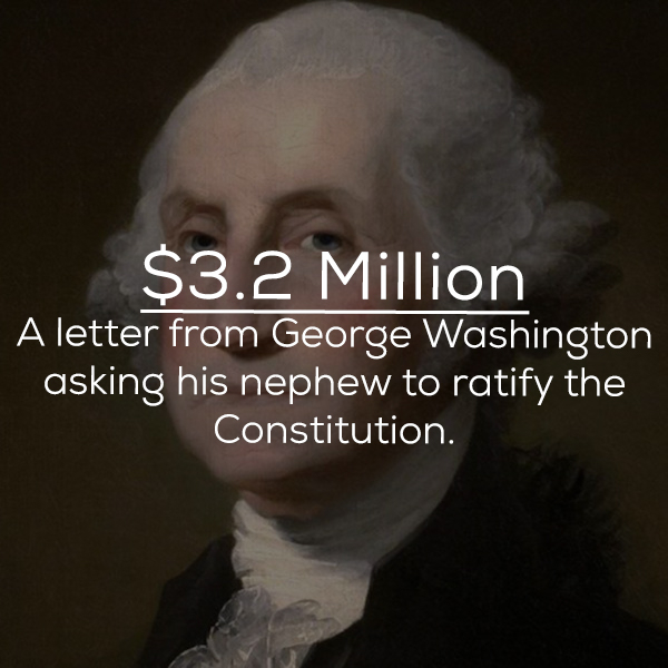 photo caption - $3.2 Million A letter from George Washington asking his nephew to ratify the Constitution.