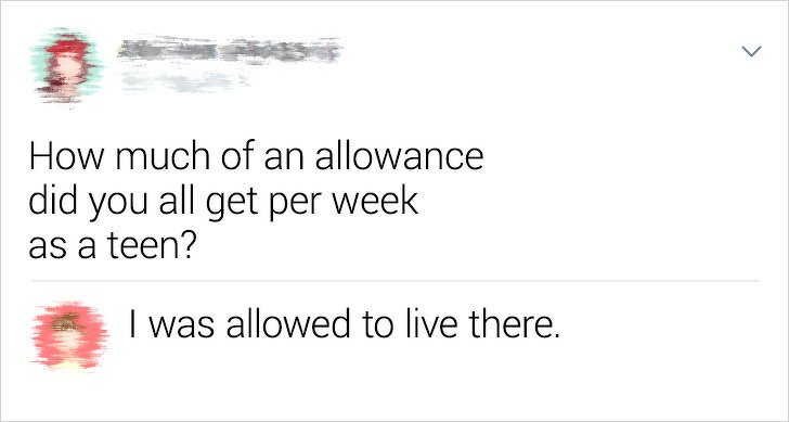 document - How much of an allowance did you all get per week as a teen? I was allowed to live there.