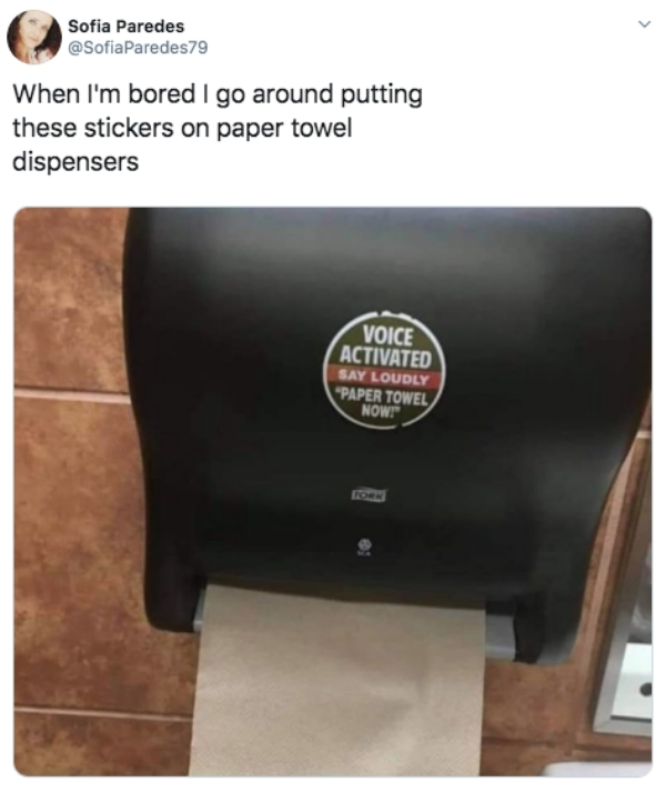 i m bored i go around putting these - Sofia Paredes When I'm bored I go around putting these stickers on paper towel dispensers Voice Activated Say Loudly "Paper Towel Now!