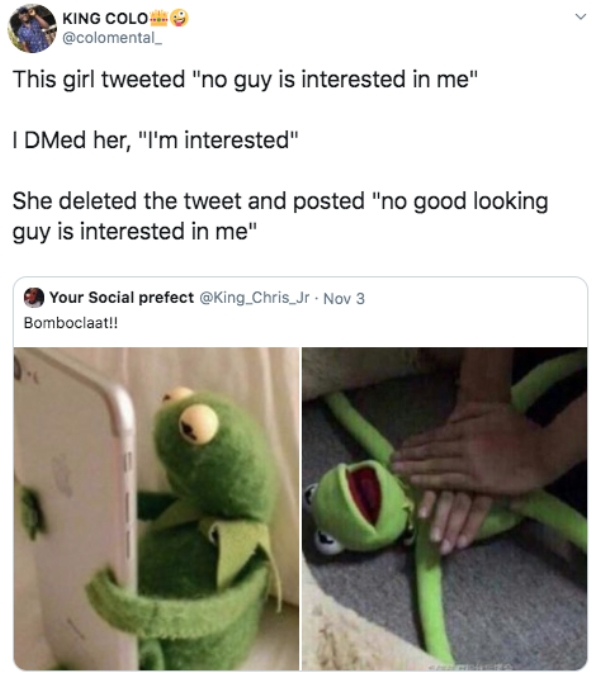 kermit meme reaction - King Colo This girl tweeted "no guy is interested in me" I DMed her, "I'm interested" She deleted the tweet and posted "no good looking guy is interested in me" Your Social prefect . Nov 3 Bomboclaat!!