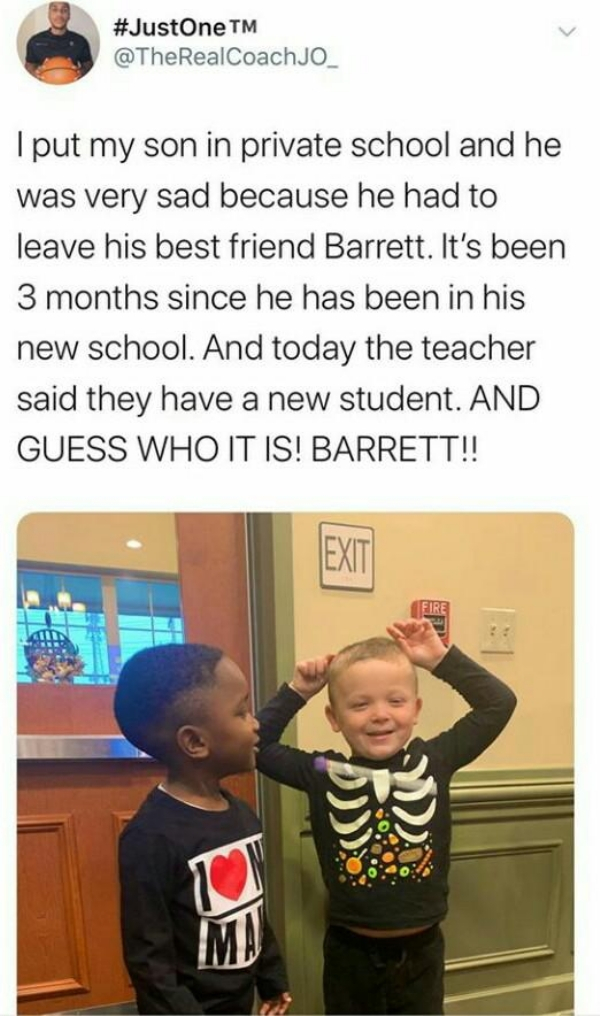 human behavior - I put my son in private school and he was very sad because he had to leave his best friend Barrett. It's been 3 months since he has been in his new school. And today the teacher said they have a new student. And Guess Who It Is! Barrett!!