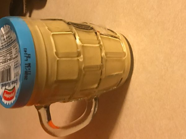 “Jar of mustard that has a handle on it so you can reuse it as a cup later!”