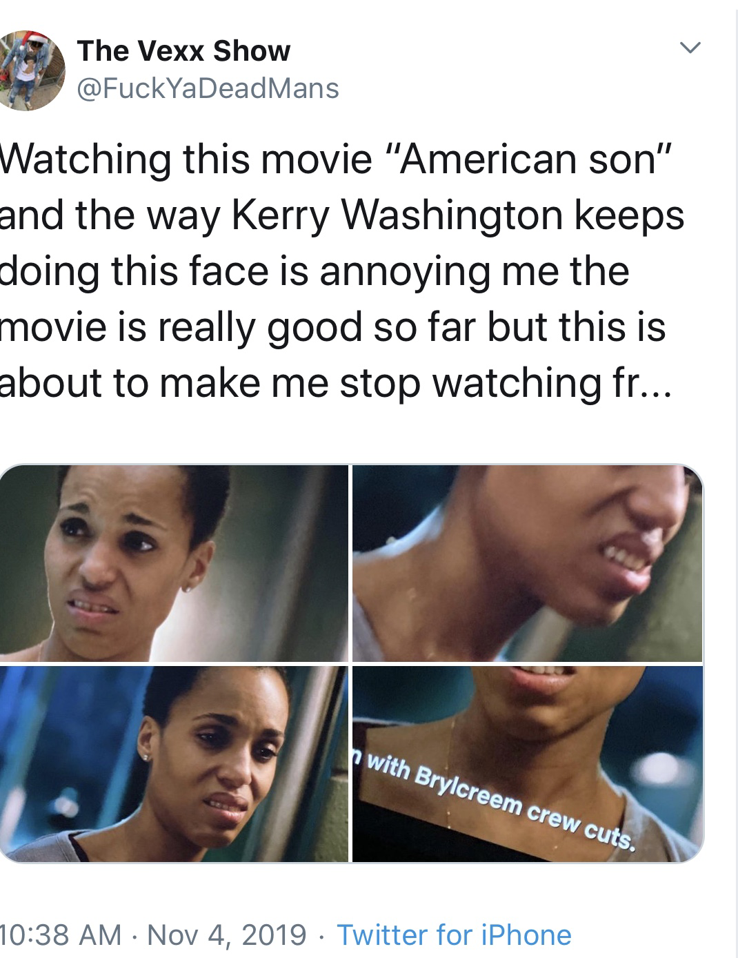 baby instructions - The Vexx Show Mans Watching this movie "American son" and the way Kerry Washington keeps doing this face is annoying me the movie is really good so far but this is about to make me stop watching fr... with Brylcreem crew cuts. Twitter 