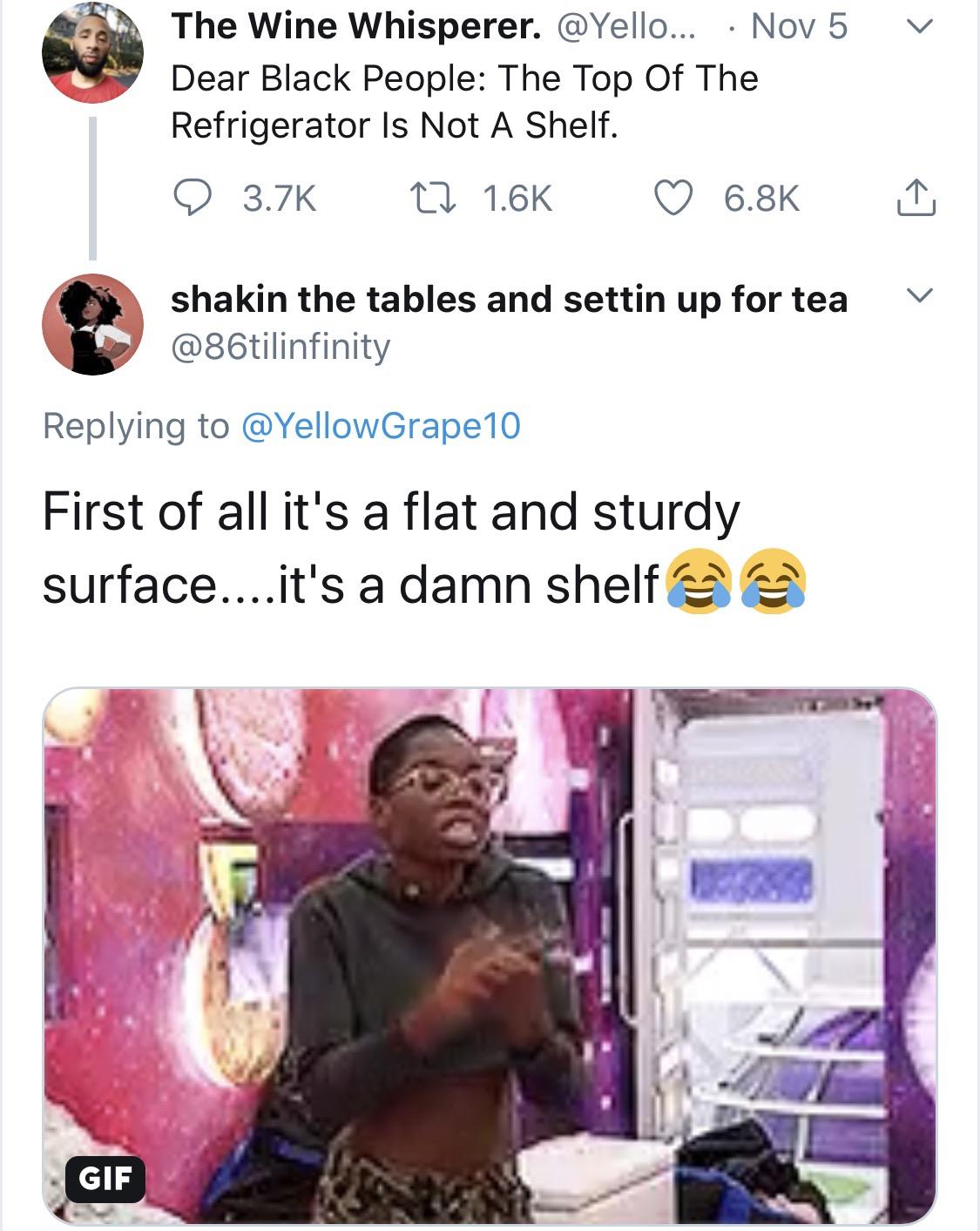 funny patagonia tweets - v The Wine Whisperer. ... Nov 5 Dear Black People The Top Of The Refrigerator Is Not A Shelf. D 22 shakin the tables and settin up for tea First of all it's a flat and sturdy surface....it's a damn shelf Gif