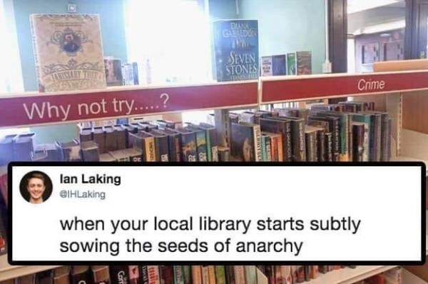 libraries memes - Gb Stones En Crime Why not try.....? lan Laking when your local library starts subtly sowing the seeds of anarchy