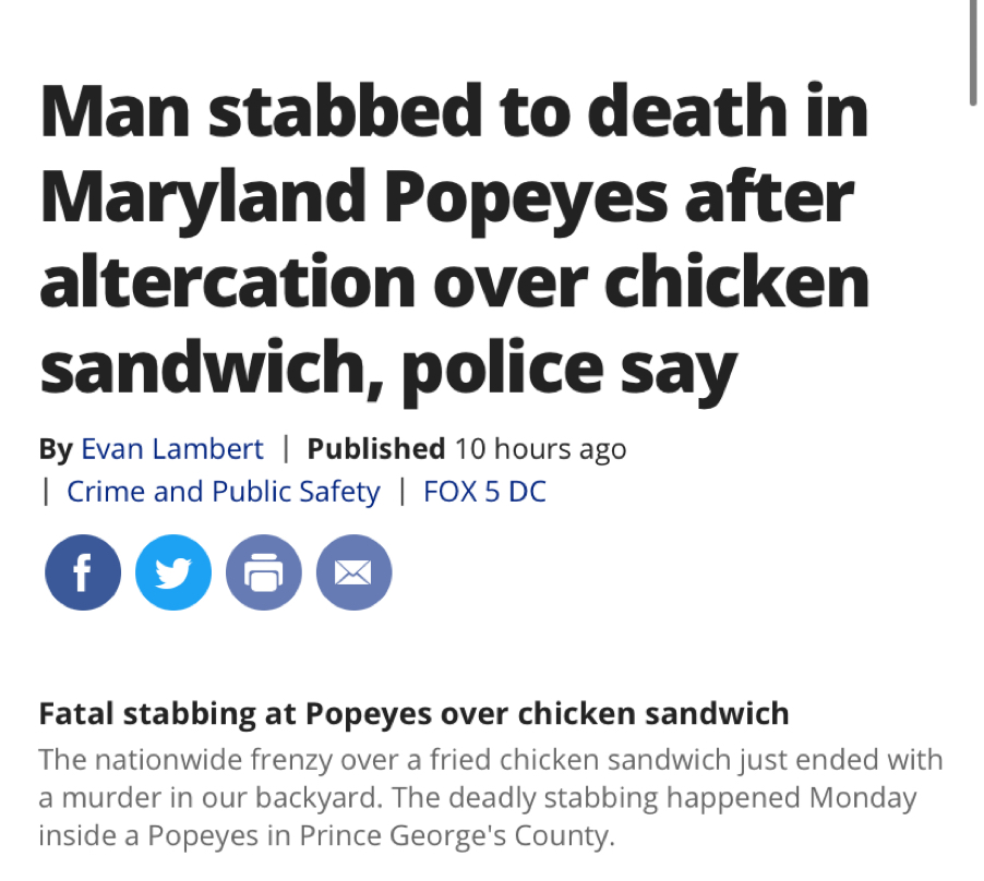 organization - Man stabbed to death in Maryland Popeyes after altercation over chicken sandwich, police say By Evan Lambert | Published 10 hours ago | Crime and Public Safety | Fox 5 Dc Fatal stabbing at Popeyes over chicken sandwich The nationwide frenzy