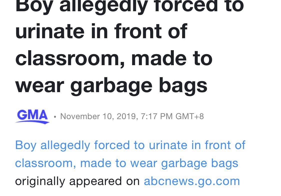 massive health - Boy allegedly torced to urinate in front of classroom, made to wear garbage bags Gma , Gmt8 Boy allegedly forced to urinate in front of classroom, made to wear garbage bags originally appeared on abcnews.go.com
