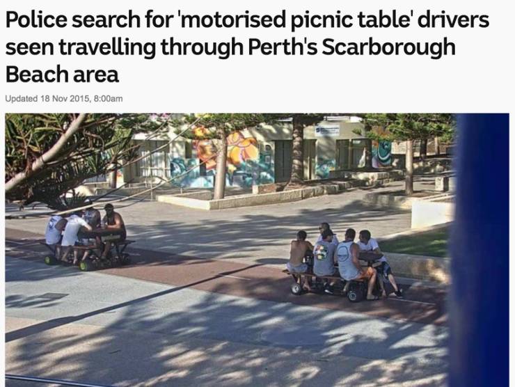 motorised picnic table - Police search for 'motorised picnic table' drivers seen travelling through Perth's Scarborough Beach area Updated , am