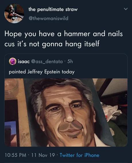 its not gonna hang itself - the penultimate straw Hope you have a hammer and nails cus it's not gonna hang itself isaac 5h painted Jeffrey Epstein today 11 Nov 19 Twitter for iPhone