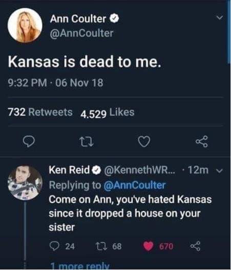 screenshot - Ann Co Ann Coulter Kansas is dead to me. 06 Nov 18 732 4.529 Ken Reid ... 12m Come on Ann, you've hated Kansas since it dropped a house on your sister 24 12 68 670 1 more renlv