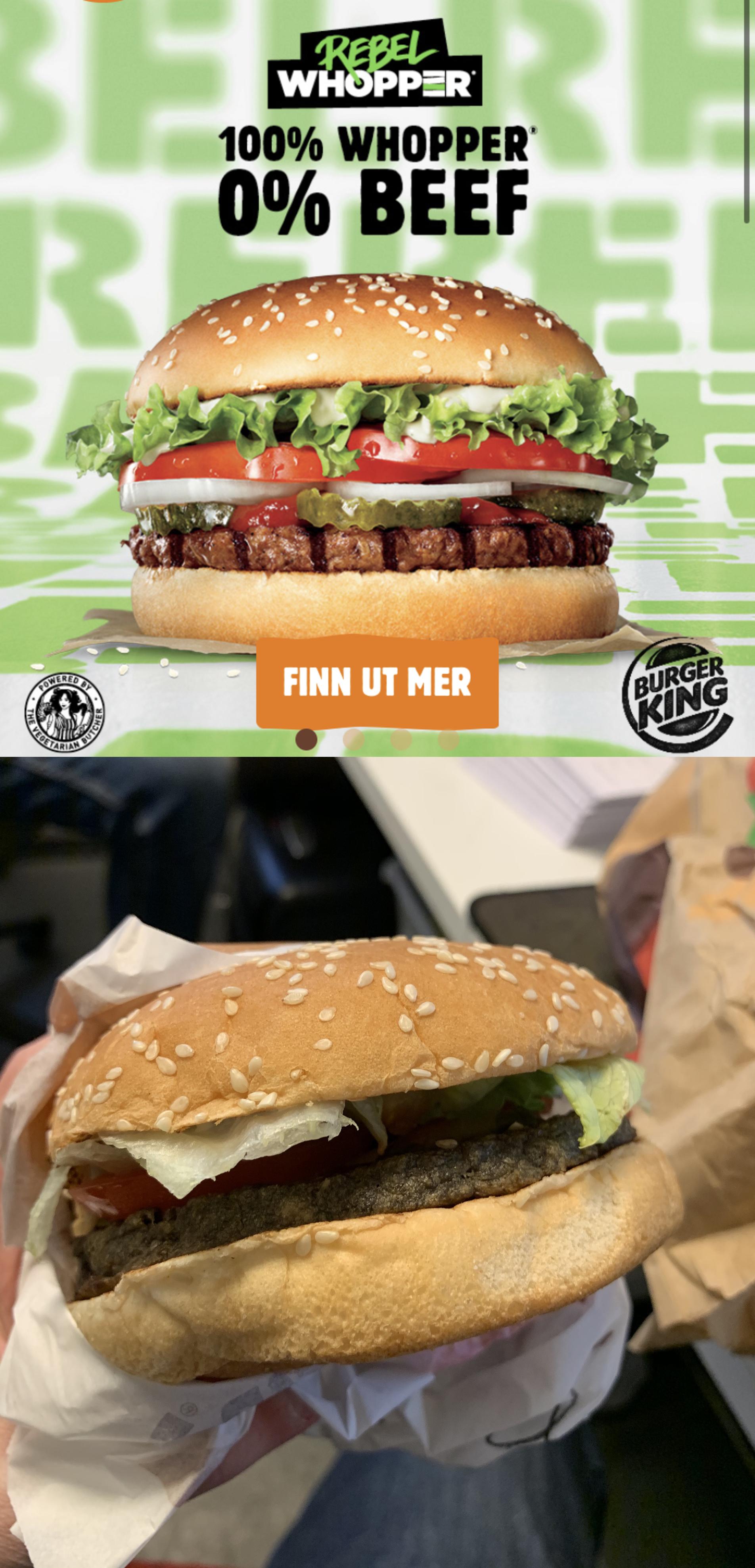 fast food - Whoppar 100% Whopper 0% Beef Finn Ut Mer