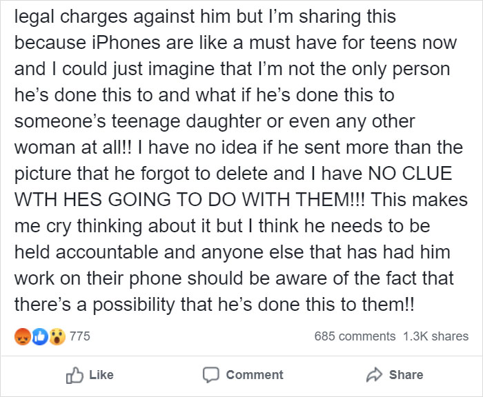 Yiren - legal charges against him but I'm sharing this because iPhones are a must have for teens now and I could just imagine that I'm not the only person he's done this to and what if he's done this to someone's teenage daughter or even any other woman a