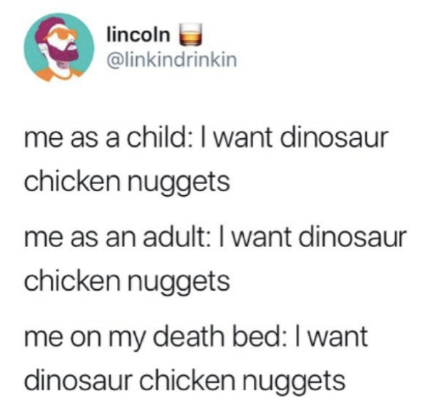 Visual flight rules - lincoln me as a child I want dinosaur chicken nuggets me as an adult I want dinosaur chicken nuggets me on my death bed I want dinosaur chicken nuggets