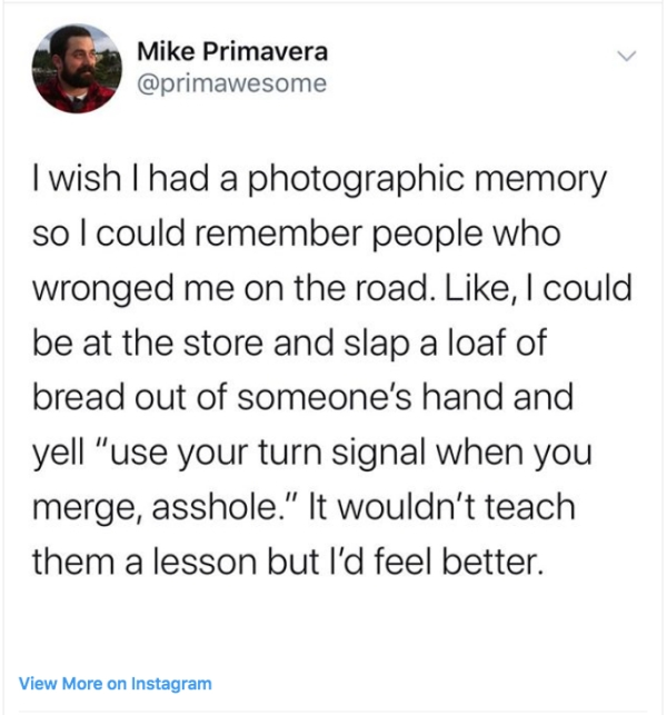 immigrant parents quotes - Mike Primavera I wish I had a photographic memory so I could remember people who wronged me on the road. , I could be at the store and slap a loaf of bread out of someone's hand and yell "use your turn signal when you merge, ass