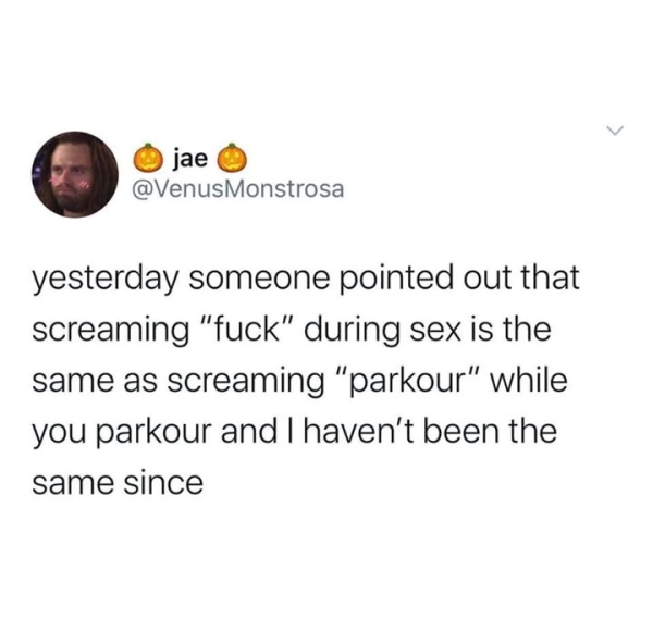 adult friendships - jae yesterday someone pointed out that screaming "fuck" during sex is the same as screaming "parkour" while you parkour and I haven't been the same since