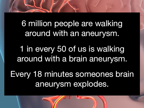 talking heads - 6 million people are walking around with an aneurysm. 1 in every 50 of us is walking around with a brain aneurysm. Every 18 minutes someones brain aneurysm explodes.