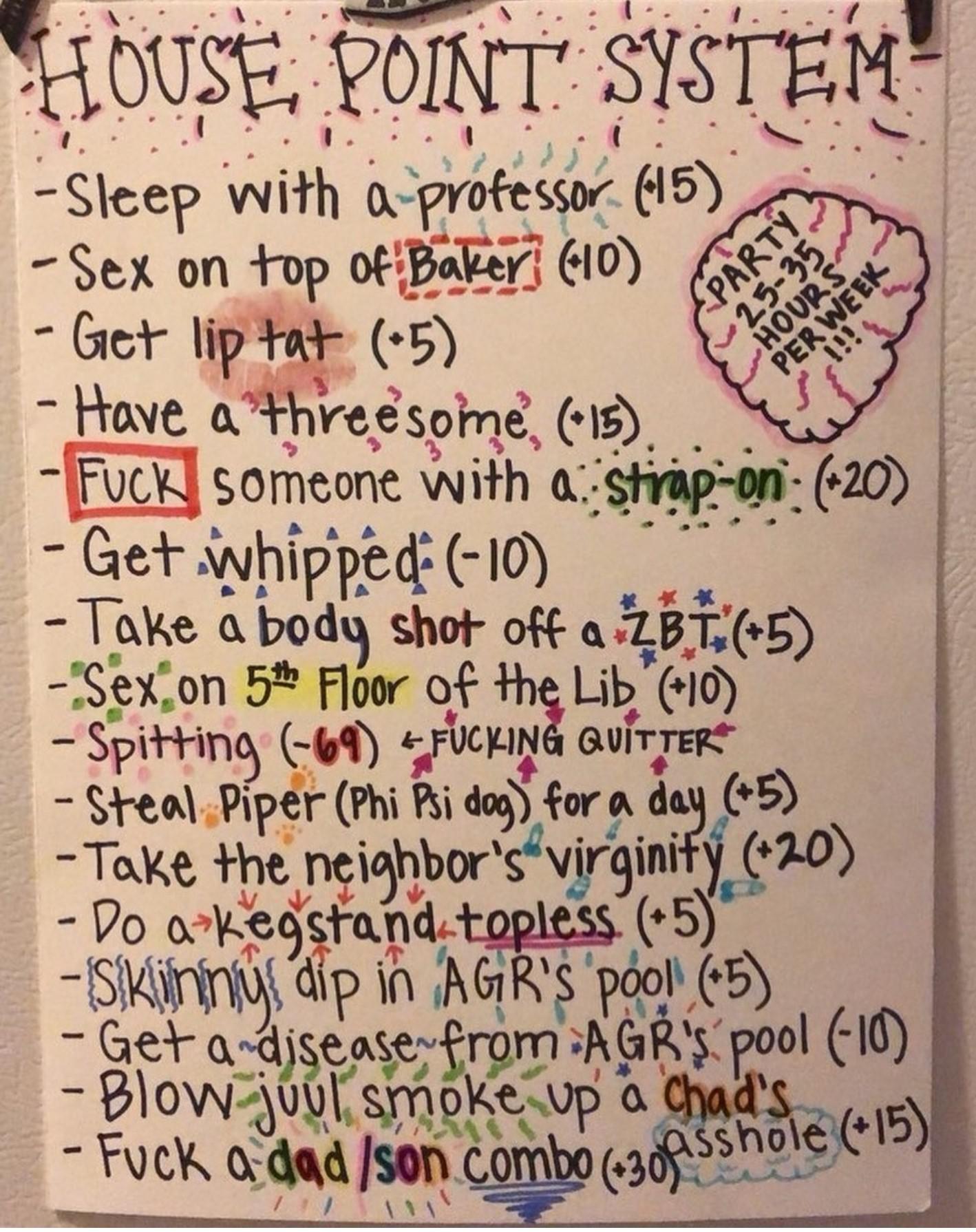 handwriting - House Point System Hours Per Wee Sleep with a professor 15 on Sex on top of Baker 10 Comes Get lip tat 5 Have a threesome 15. Fuck, someone with a strapon 20 Get .whippede 10 Take a body shot off a Zbt 5 Sex on 5th Floor of the Lib 10 Spitti