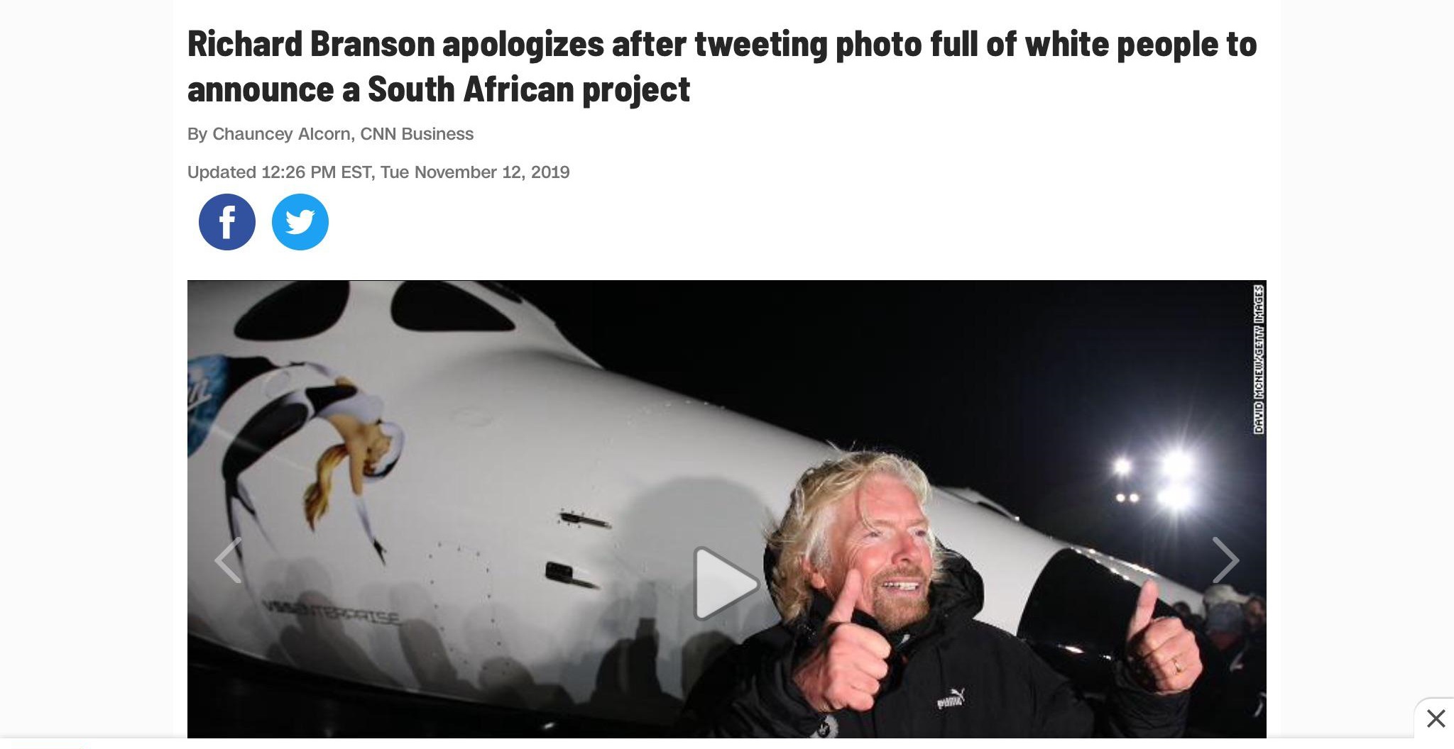 virgin galactic spaceship - Richard Branson apologizes after tweeting photo full of white people to announce a South African project By Chauncey Alcorn, Cnn Business Updated Est, Tue David McnewGetty Images