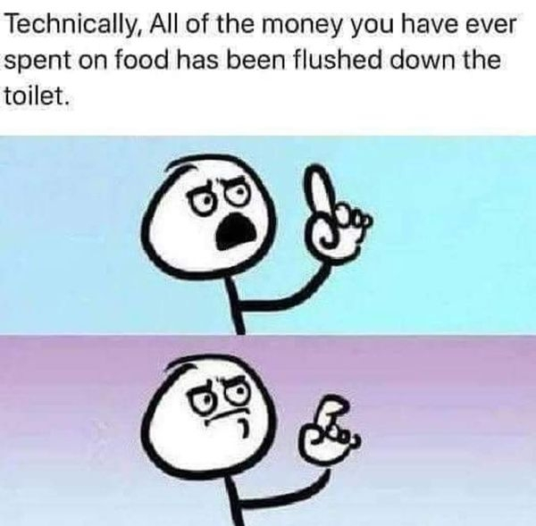 wait meme - Technically, All of the money you have ever spent on food has been flushed down the toilet.