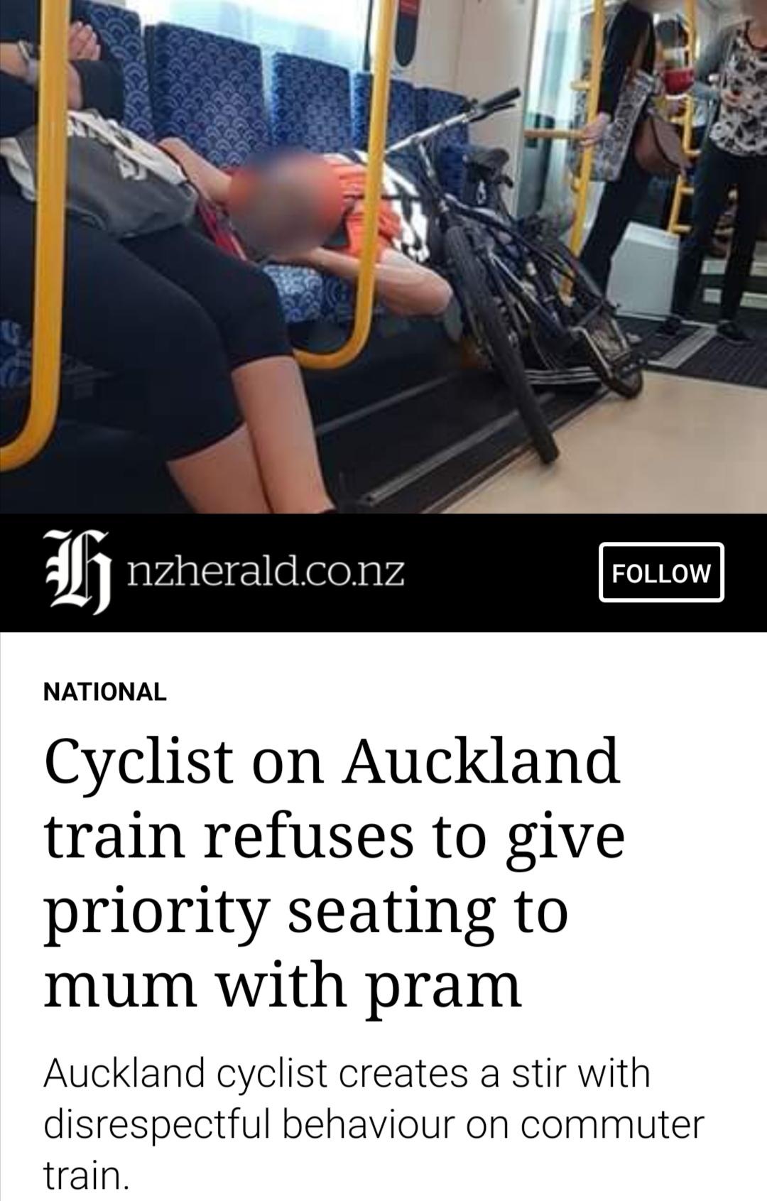 shoulder - Hh nzherald.co.nz National Cyclist on Auckland train refuses to give priority seating to mum with pram Auckland cyclist creates a stir with disrespectful behaviour on commuter train.