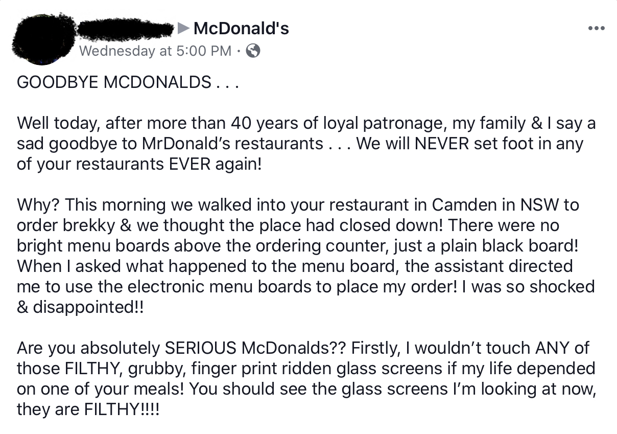 document - McDonald's Wednesday at Goodbye Mcdonalds... Well today, after more than 40 years of loyal patronage, my family & I say a sad goodbye to MrDonald's restaurants... We will Never set foot in any of your restaurants Ever again! Why? This morning w
