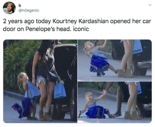 shoulder - 2 years ago today Kourtney Kardashian opened her car door on Penelope's head. iconic kitson son