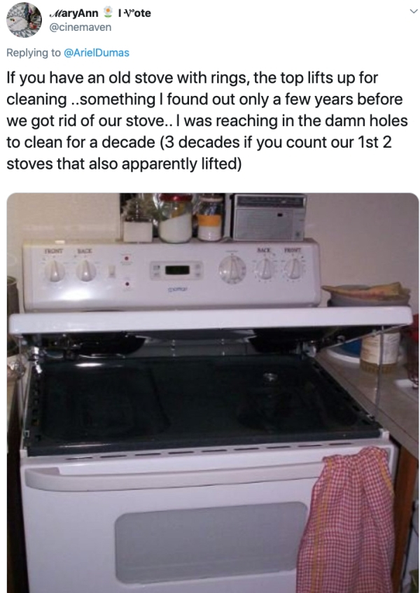kitchen stove - 1 Vote MaryAnn If you have an old stove with rings, the top lifts up for cleaning ..something I found out only a few years before we got rid of our stove.. I was reaching in the damn holes to clean for a decade 3 decades if you count our 1