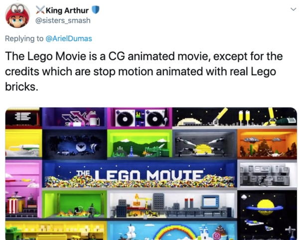 King Arthur The Lego Movie is a Cg animated movie, except for the credits which are stop motion animated with real Lego bricks. Lego Movies