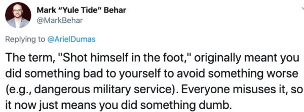 Virgil Abloh - Mark "Yule Tide" Behar The term, "Shot himself in the foot," originally meant you did something bad to yourself to avoid something worse e.g., dangerous military service. Everyone misuses it, so it now just means you did something dumb.