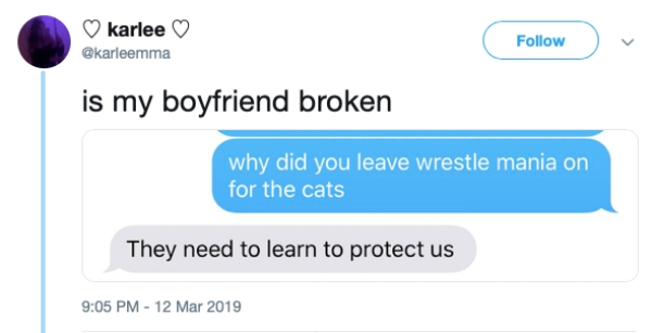 relationship memes- karlee is my boyfriend broken why did you leave wrestle mania on for the cats They need to learn to protect us