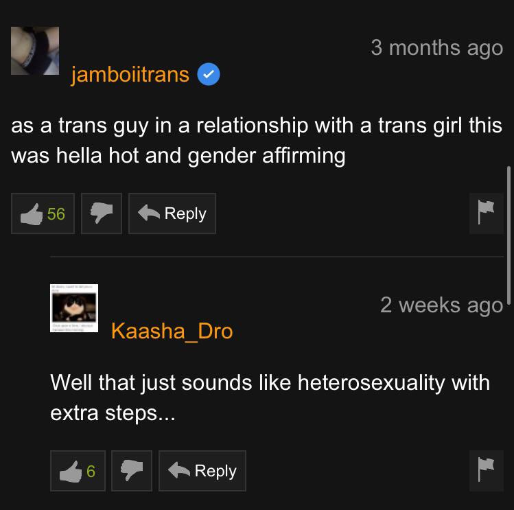 sounds like heterosexuality with extra steps - 3 months ago jamboiitrans as a trans guy in a relationship with a trans girl this was hella hot and gender affirming 56 2 weeks ago Kaasha_Dro Well that just sounds heterosexuality with extra steps...