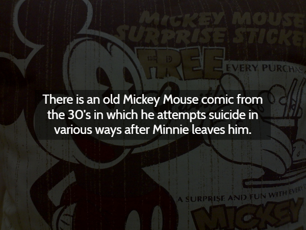 cartoon - Migkey Mouse Urprise Sticks Every Purchas. There is an old Mickey Mouse comic from the 30's in which he attempts suicide in various ways after Minnie leaves him. A Surprise And Tun With Eve