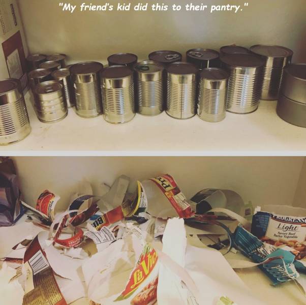 removing labels from cans meme - "My friend's kid did this to their pantry." Gresso Light