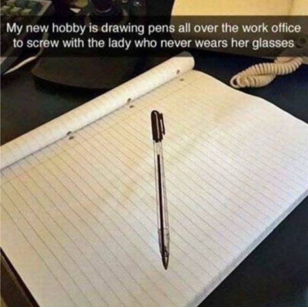 funniest office snapchats - My new hobby is drawing pens all over the work office to screw with the lady who never wears her glasses