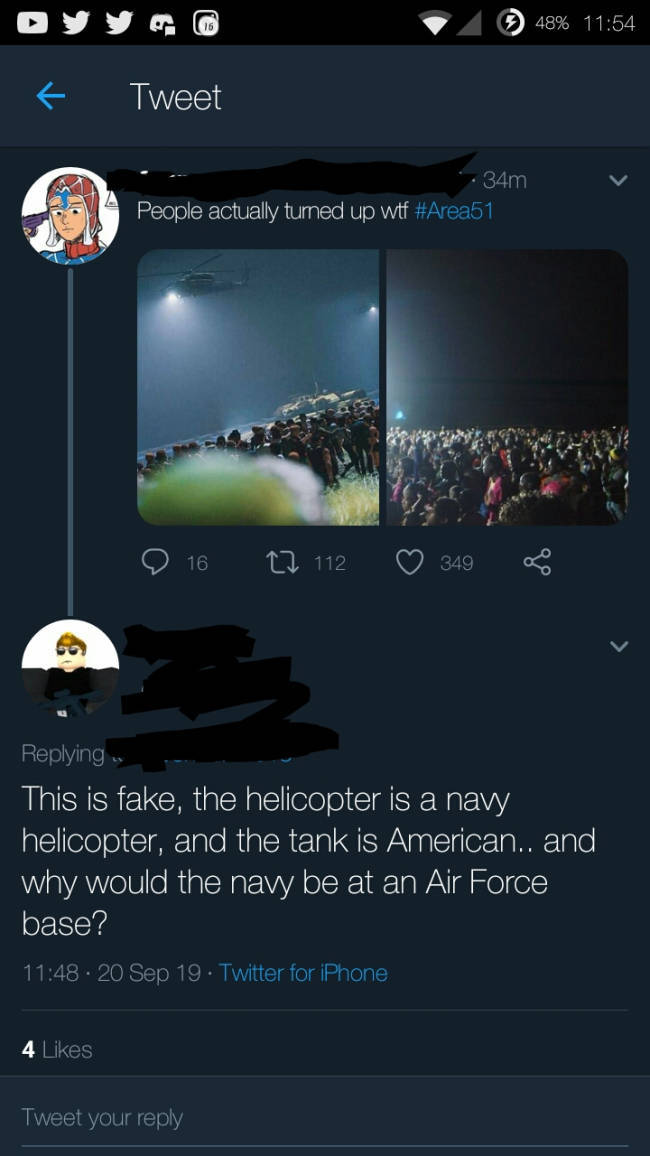 screenshot - 48% Tweet 34m People actually turned up wtf 0 16 27 112 349 8 ing. This is fake, the helicopter is a navy helicopter, and the tank is American.. and why would the navy be at an Air Force base? . 20 Sep 19. Twitter for iPhone 4 Tweet your