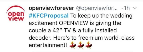 document - open View openviewforever ... 1h v To keep up the wedding excitement Openview is giving the couple a 42" Tv & a fully installed decoder. Here's to freemium worldclass entertainment!