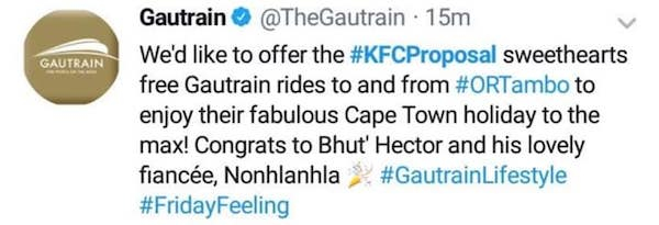 gautrain - Gautrain Gautrain 15m We'd to offer the sweethearts free Gautrain rides to and from to enjoy their fabulous Cape Town holiday to the max! Congrats to Bhut' Hector and his lovely fiance, Nonhlanhla
